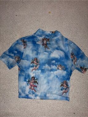 Forever 21 Blue Cloud & Cherub Print Crop Top